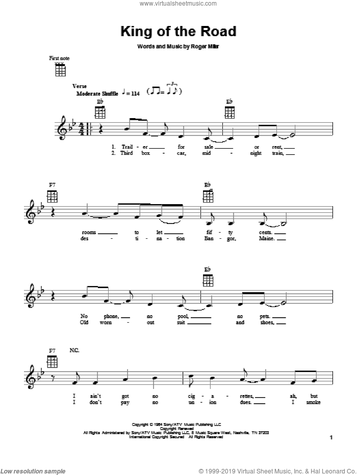 King Of The Road sheet music for ukulele by Roger Miller, intermediate skill level