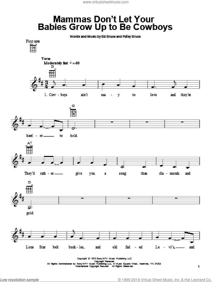 Mammas Don't Let Your Babies Grow Up To Be Cowboys sheet music for ukulele by Ed Bruce, Willie Nelson and Patsy Bruce, intermediate skill level