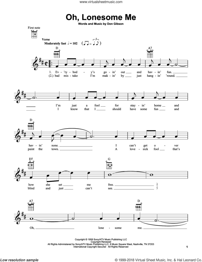 Oh, Lonesome Me sheet music for ukulele by Don Gibson, intermediate skill level