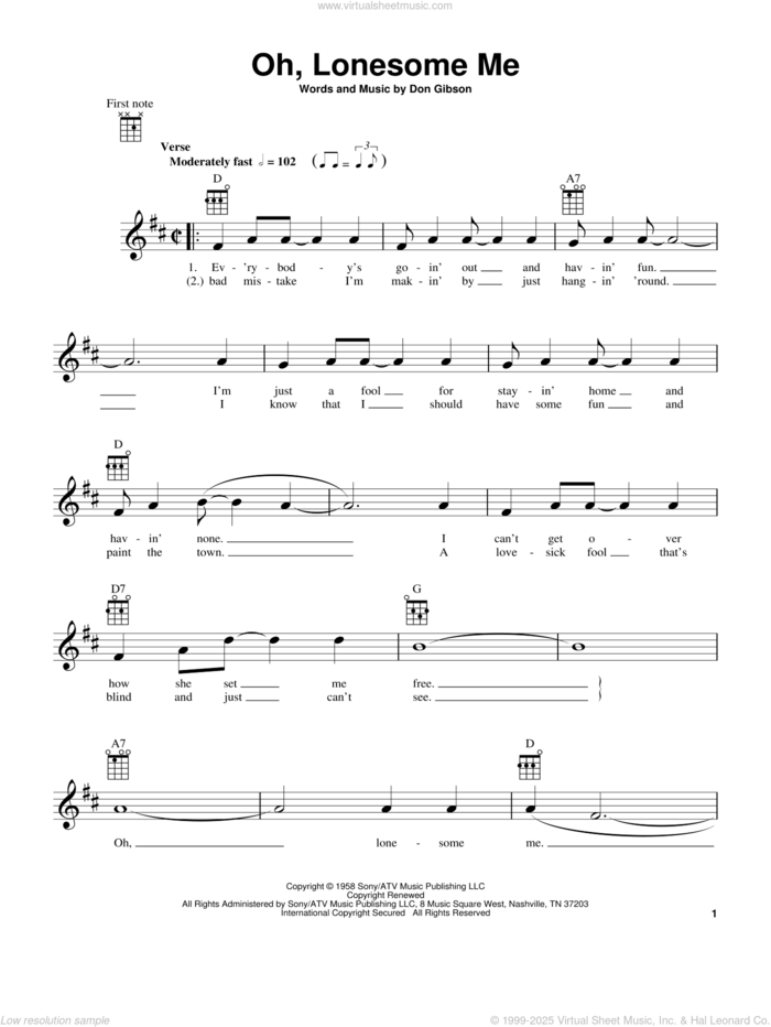 Oh, Lonesome Me (from The Daily Ukulele) sheet music for ukulele by Don Gibson, intermediate skill level