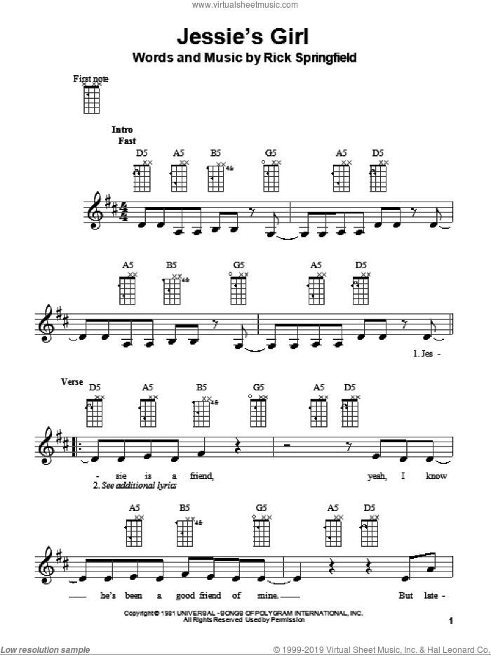 Jessie's Girl sheet music for ukulele by Rick Springfield and Glee Cast, intermediate skill level