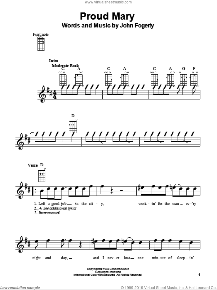 Proud Mary sheet music for ukulele by Creedence Clearwater Revival, Glee Cast and John Fogerty, intermediate skill level