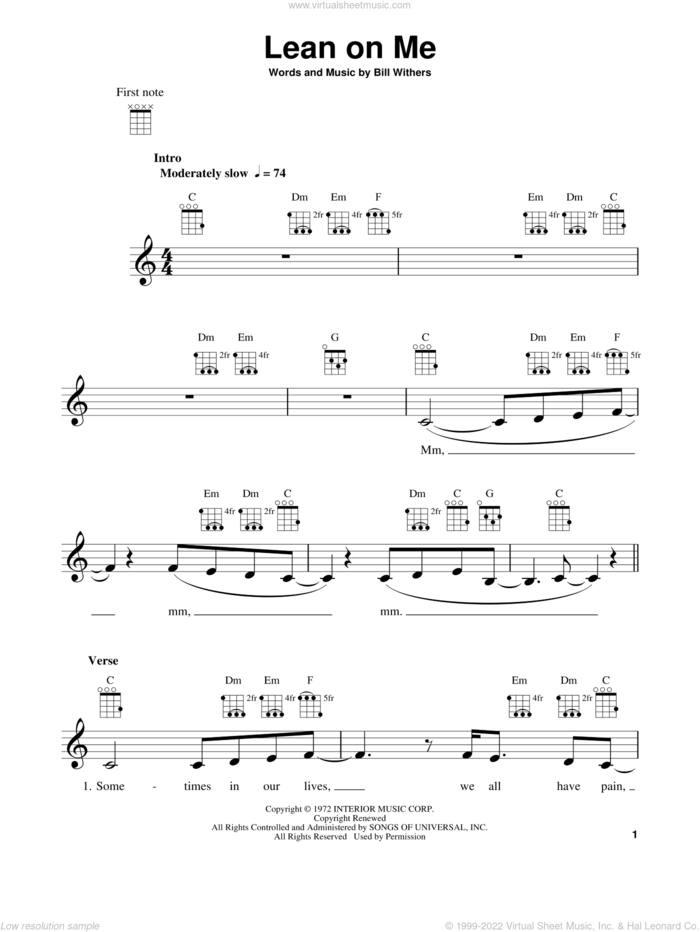 Lean On Me sheet music for ukulele by Bill Withers, intermediate skill level
