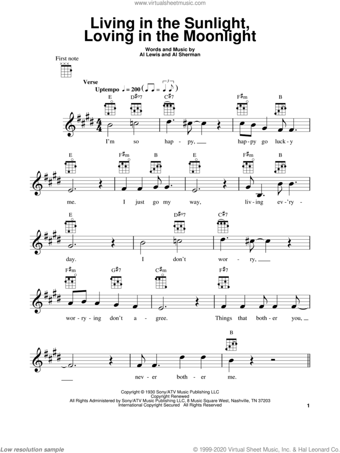 Living In The Sunlight, Loving In The Moonlight sheet music for ukulele by Al Sherman and Al Lewis, intermediate skill level