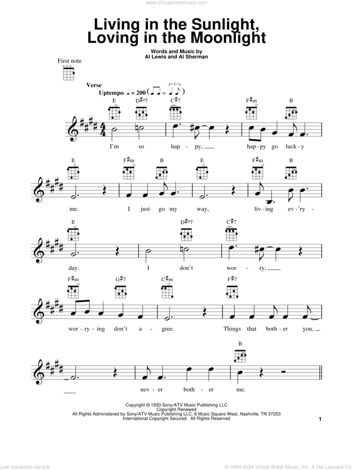 Living In The Sunlight, Loving In The Moonlight sheet music for ukulele by Al Sherman and Al Lewis, intermediate skill level