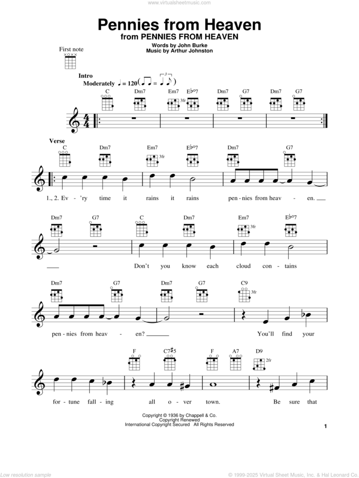 Pennies From Heaven sheet music for ukulele by Bing Crosby, Arthur Johnston and John Burke, intermediate skill level