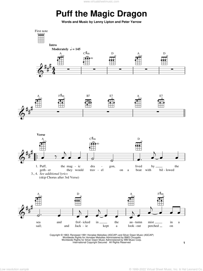 Puff The Magic Dragon sheet music for ukulele by Peter, Paul & Mary, Lenny Lipton and Peter Yarrow, intermediate skill level