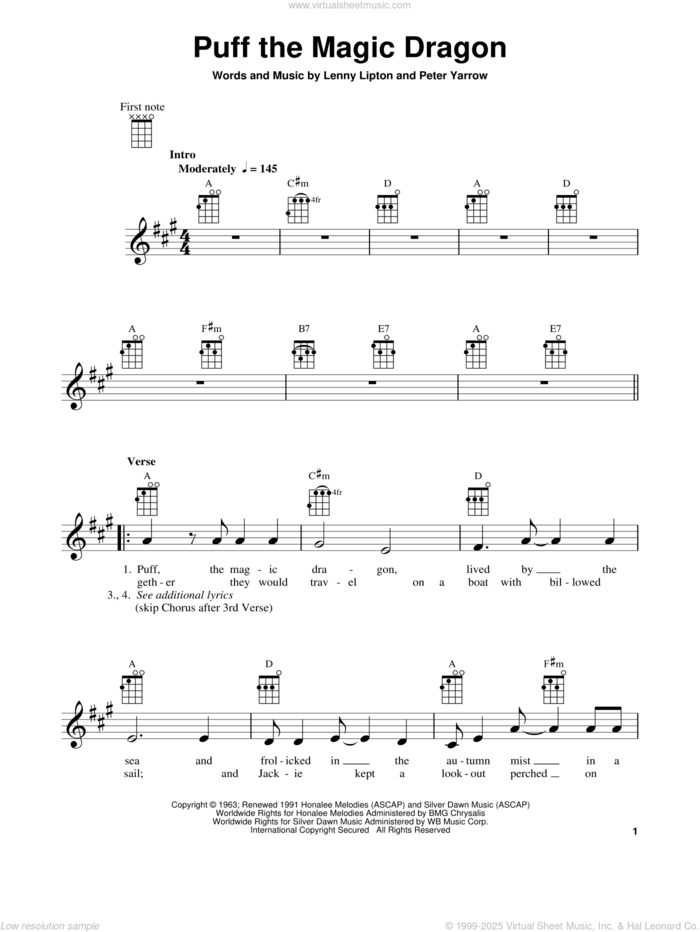 Puff The Magic Dragon sheet music for ukulele by Peter, Paul & Mary, Lenny Lipton and Peter Yarrow, intermediate skill level