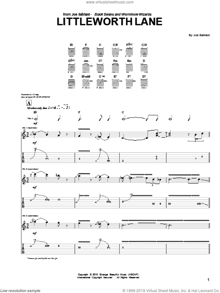 Littleworth Lane sheet music for guitar (tablature) by Joe Satriani, intermediate skill level
