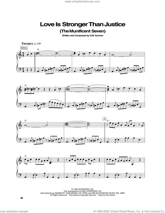 Love Is Stronger Than Justice (The Munificent Seven) sheet music for piano solo by Sting, intermediate skill level