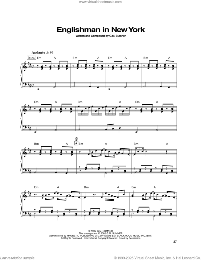 Englishman In New York, (intermediate) sheet music for piano solo by Sting, classical score, intermediate skill level