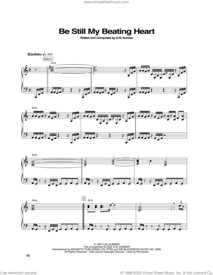 Be Still My Beating Heart sheet music for piano solo by Sting, intermediate skill level