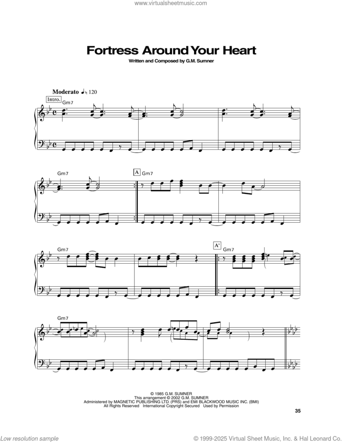 Fortress Around Your Heart sheet music for piano solo by Sting, intermediate skill level
