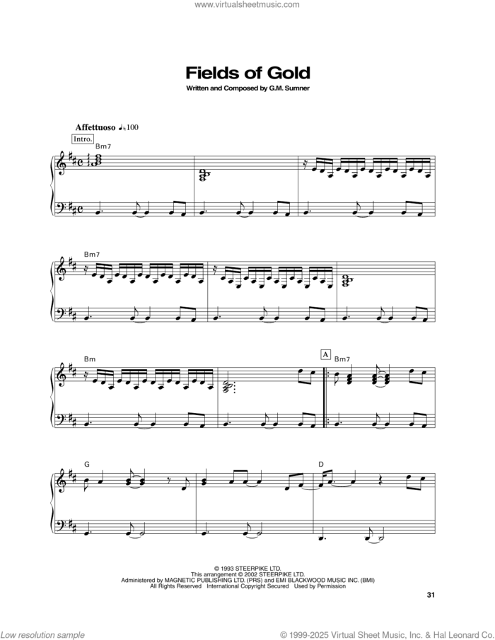 Fields Of Gold sheet music for piano solo by Sting, intermediate skill level