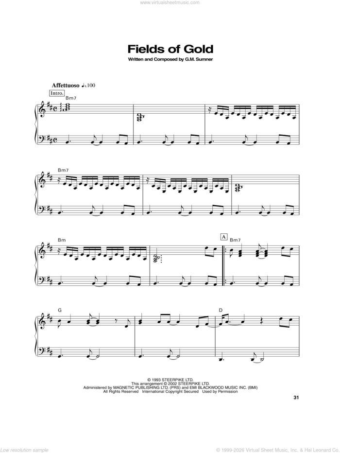 Fields Of Gold sheet music for piano solo by Sting, intermediate skill level