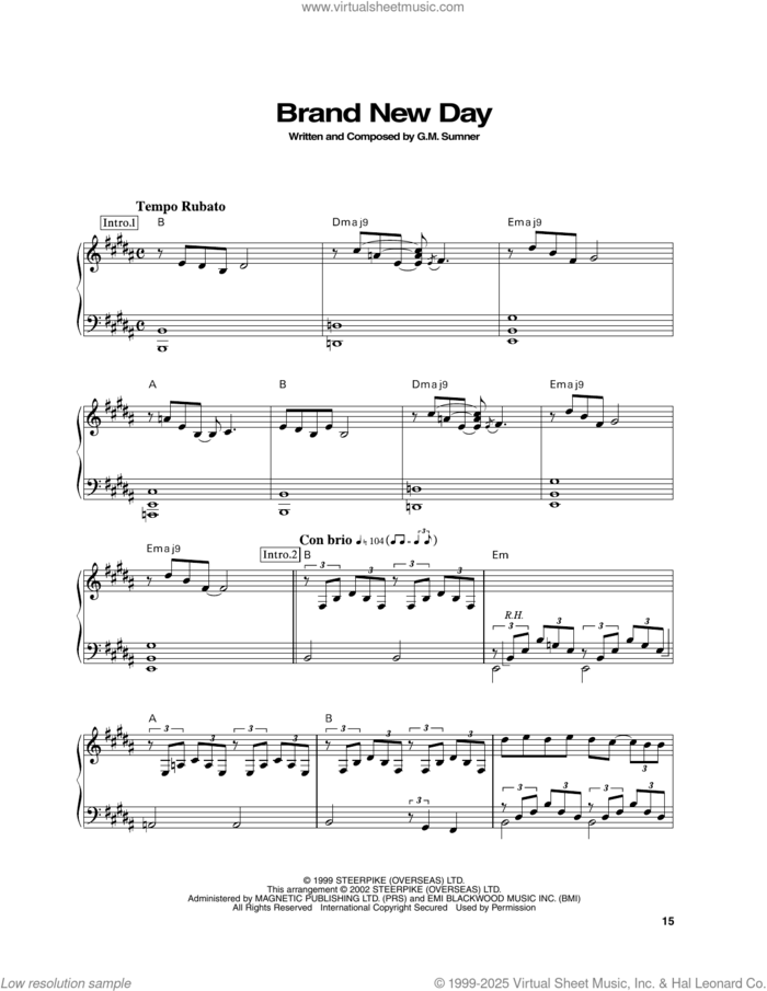 Brand New Day sheet music for piano solo by Sting, intermediate skill level
