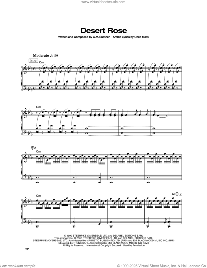 Desert Rose, (intermediate) sheet music for piano solo by Sting, intermediate skill level