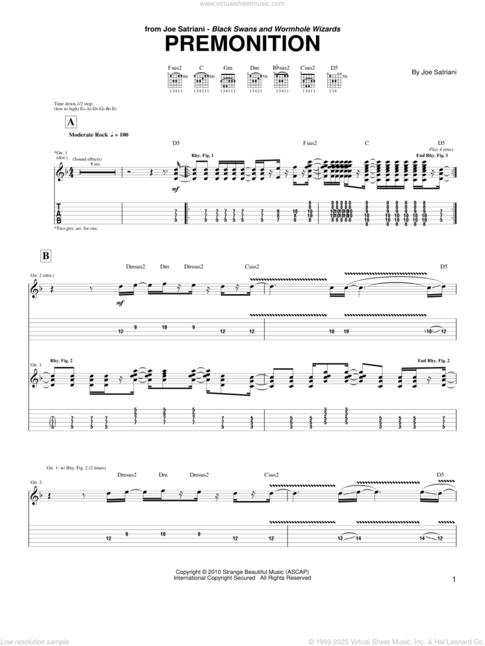 Premonition sheet music for guitar (tablature) by Joe Satriani, intermediate skill level