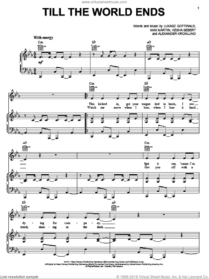 Till The World Ends sheet music for voice, piano or guitar by Britney Spears, Alexander Kronlund, Kesha Sebert, Lukasz Gottwald and Max Martin, intermediate skill level