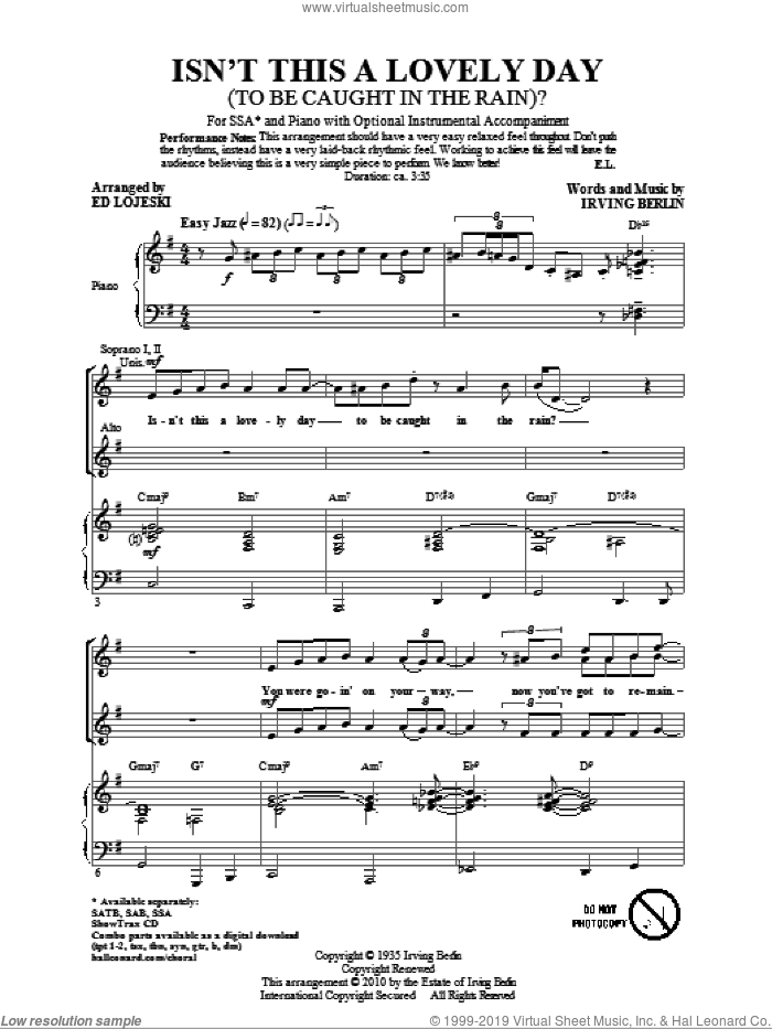 Isn't This A Lovely Day (To Be Caught In The Rain?) sheet music for choir (SSA: soprano, alto) by Irving Berlin and Ed Lojeski, intermediate skill level