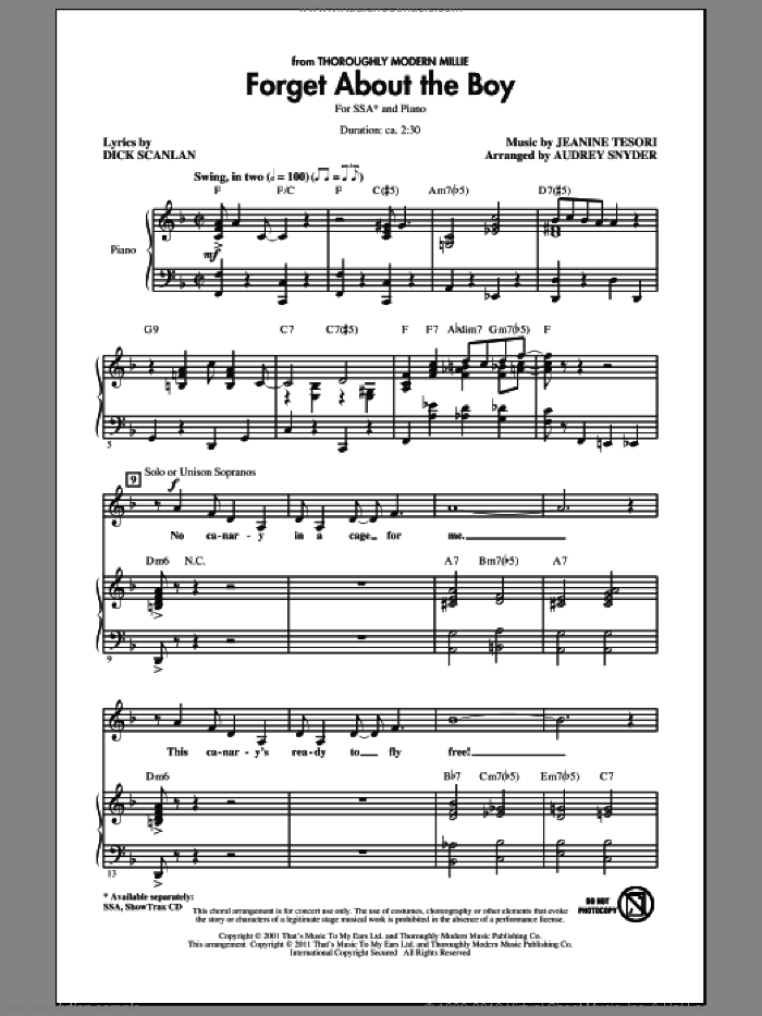 Forget About The Boy (from Thoroughly Modern Millie) (arr. Audrey Snyder) sheet music for choir (SSA: soprano, alto) by Jeanine Tesori, Dick Scanlan and Audrey Snyder, intermediate skill level