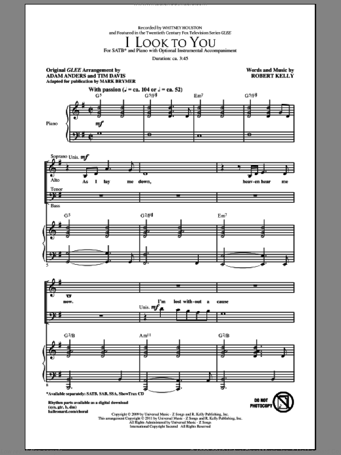 I Look To You sheet music for choir (SATB: soprano, alto, tenor, bass) by Mark Brymer, Adam Anders, Glee Cast, Miscellaneous, Robert Kelly, Tim Davis and Whitney Houston, intermediate skill level