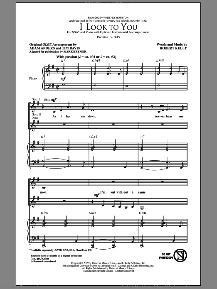 I Look To You sheet music for choir (SSA: soprano, alto) by Mark Brymer, Adam Anders, Glee Cast, Miscellaneous, Robert Kelly, Tim Davis and Whitney Houston, intermediate skill level
