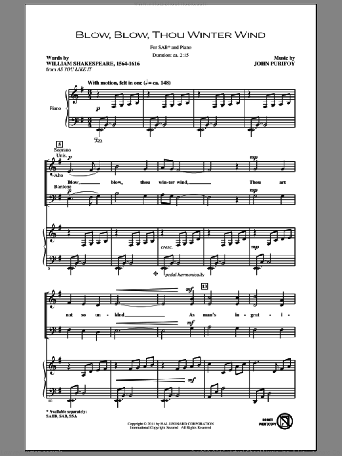 Blow, Blow, Thou Winter Wind sheet music for choir (SAB: soprano, alto, bass) by John Purifoy and William Shakespeare, intermediate skill level
