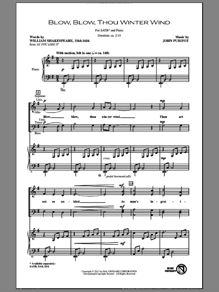 Blow, Blow, Thou Winter Wind sheet music for choir (SATB: soprano, alto, tenor, bass) by John Purifoy and William Shakespeare, intermediate skill level
