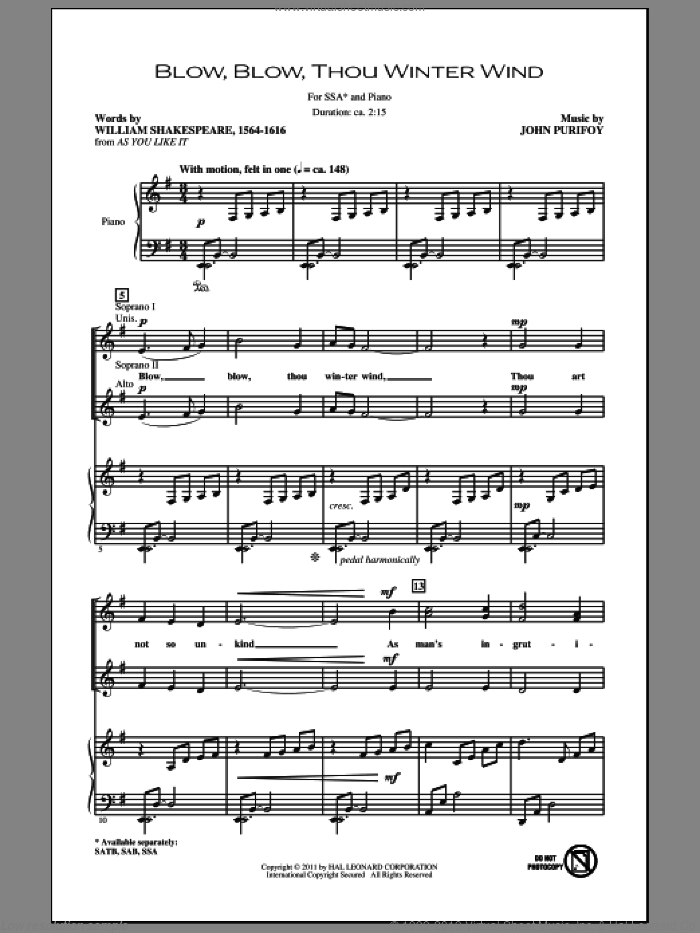 Blow, Blow, Thou Winter Wind sheet music for choir (SSA: soprano, alto) by John Purifoy and William Shakespeare, intermediate skill level