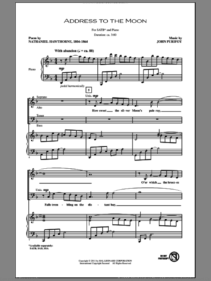 Address To The Moon sheet music for choir (SATB: soprano, alto, tenor, bass) by John Purifoy and Nathaniel Hawthorne, intermediate skill level