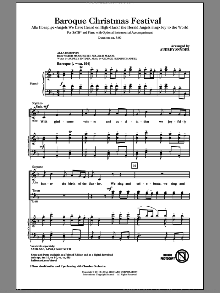 Baroque Christmas Festival (Medley) sheet music for choir (SATB: soprano, alto, tenor, bass) by Audrey Snyder, intermediate skill level