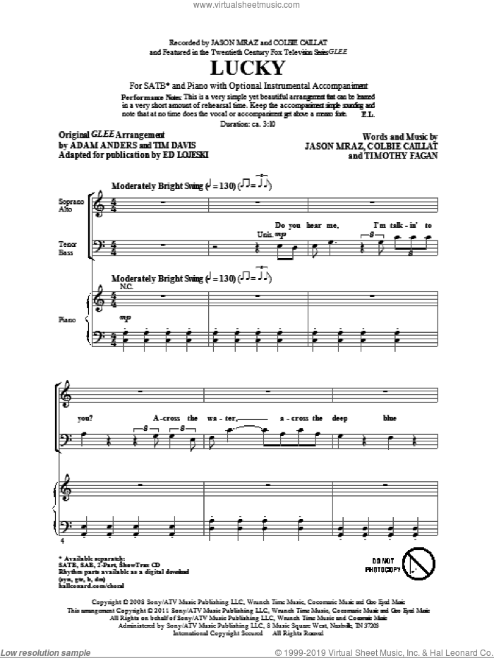 Lucky sheet music for choir (SATB: soprano, alto, tenor, bass) by Glee Cast, Colbie Caillat, Ed Lojeski, Jason Mraz, Miscellaneous and Timothy Fagan, intermediate skill level