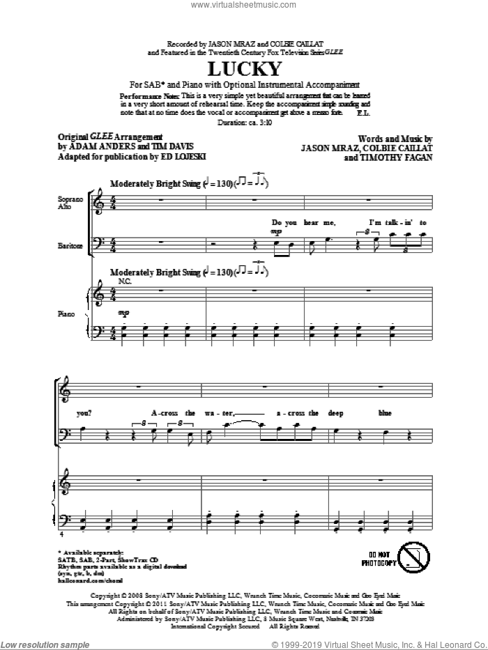 Lucky sheet music for choir (SAB: soprano, alto, bass) by Glee Cast, Colbie Caillat, Ed Lojeski, Jason Mraz, Miscellaneous and Timothy Fagan, intermediate skill level
