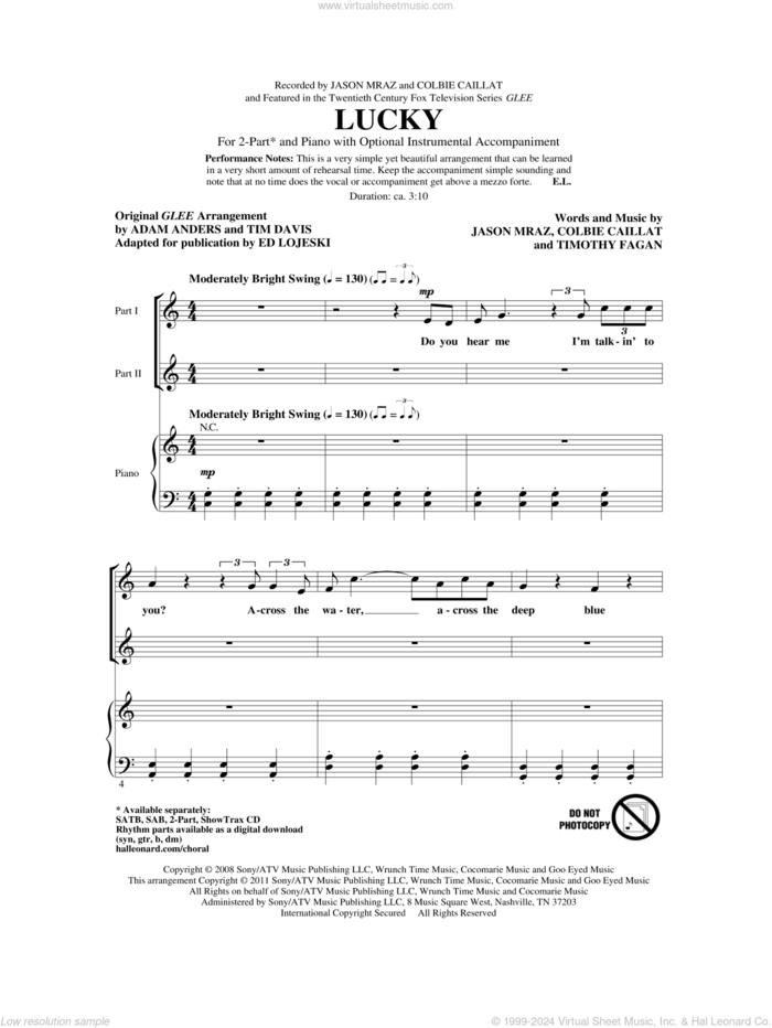 Lucky sheet music for choir (2-Part) by Glee Cast, Colbie Caillat, Ed Lojeski, Jason Mraz, Miscellaneous and Timothy Fagan, intermediate duet