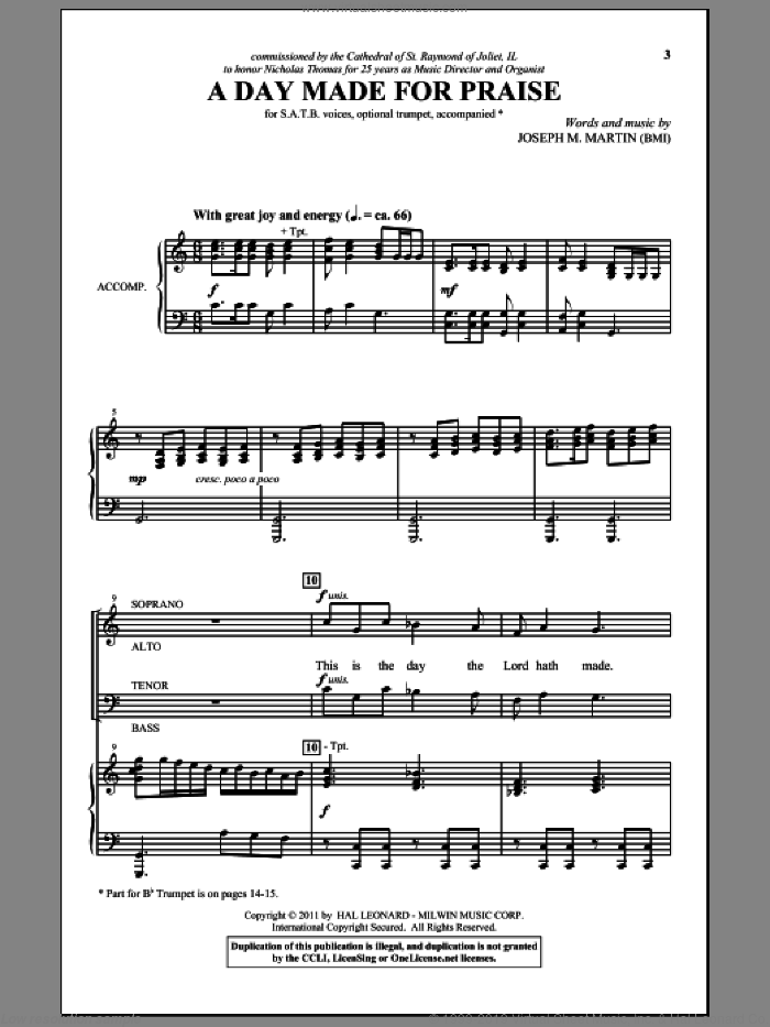 A Day Made For Praise sheet music for choir (SATB: soprano, alto, tenor, bass) by Joseph M. Martin, intermediate skill level
