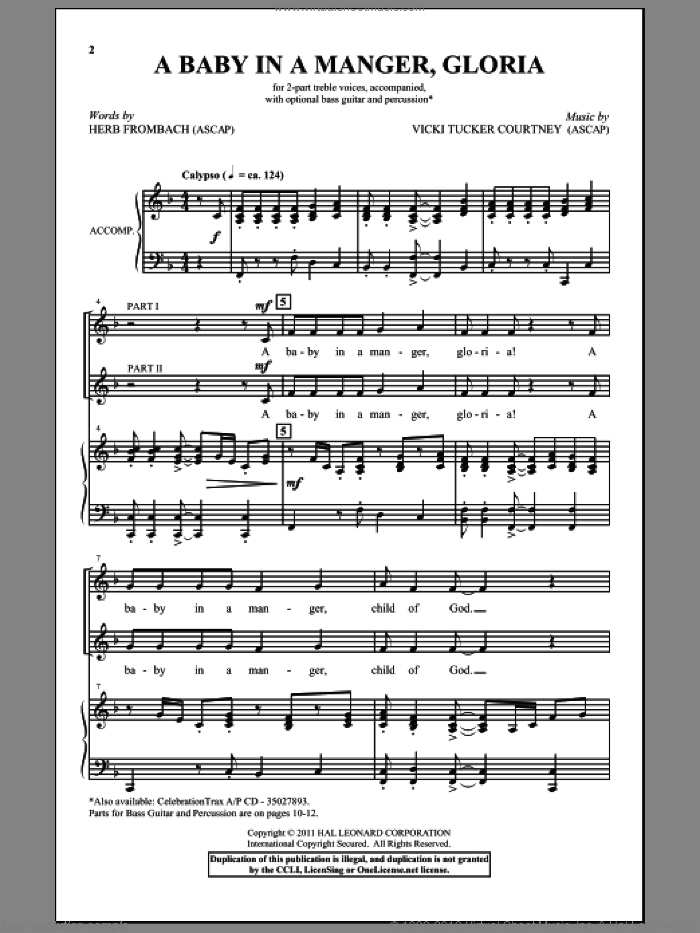 A Baby In A Manger, Gloria! sheet music for choir (2-Part) by Vicki Tucker Courtney and Herb Frombach, intermediate duet