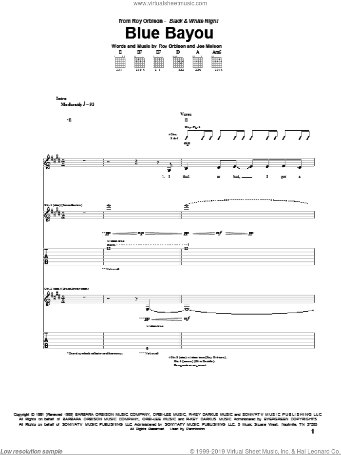 Blue Bayou sheet music for guitar (tablature) by Roy Orbison, Linda Ronstadt and Joe Melson, intermediate skill level