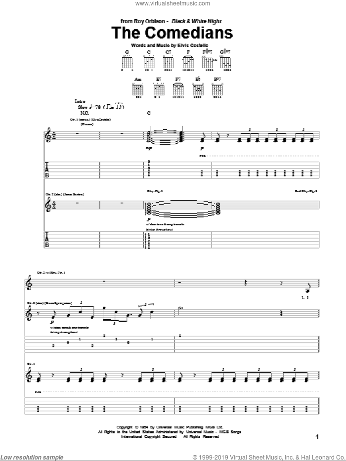 The Comedians sheet music for guitar (tablature) by Roy Orbison and Elvis Costello, intermediate skill level