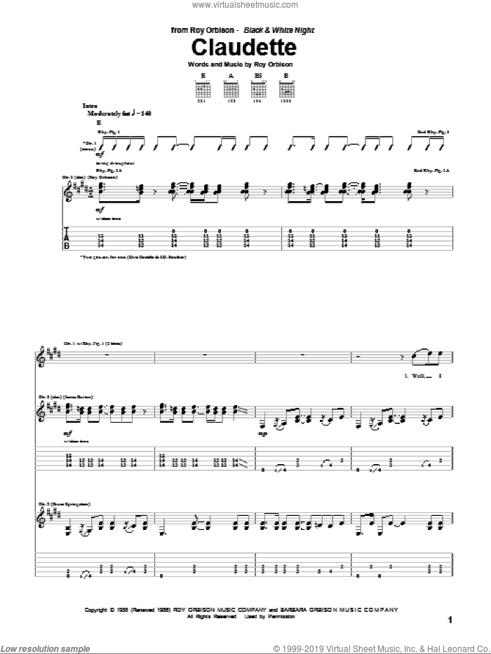 Claudette sheet music for guitar (tablature) by Roy Orbison and Everly Brothers, intermediate skill level