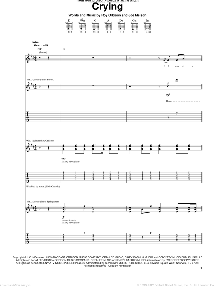 Crying sheet music for guitar (tablature) by Roy Orbison, Don McLean, Jay & The Americans and Joe Melson, intermediate skill level
