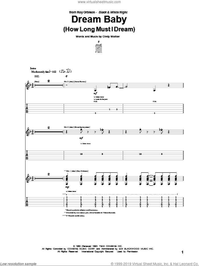 Dream Baby (How Long Must I Dream) sheet music for guitar (tablature) by Roy Orbison, Glen Campbell and Cindy Walker, intermediate skill level