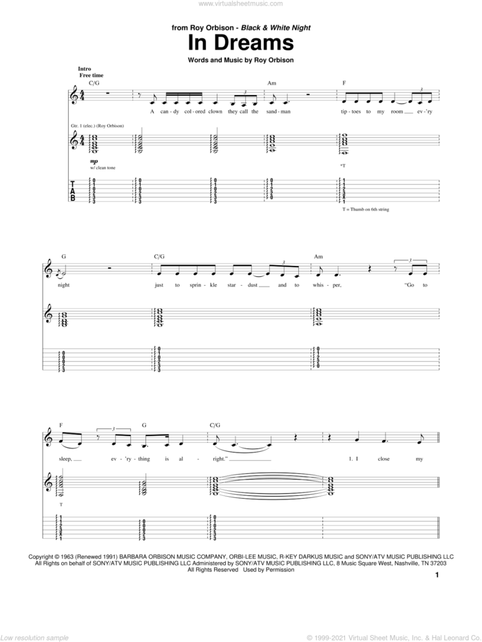 In Dreams sheet music for guitar (tablature) by Roy Orbison, intermediate skill level