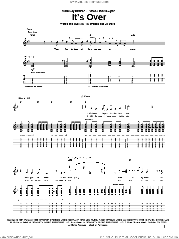 It's Over sheet music for guitar (tablature) by Roy Orbison and Bill Dees, intermediate skill level