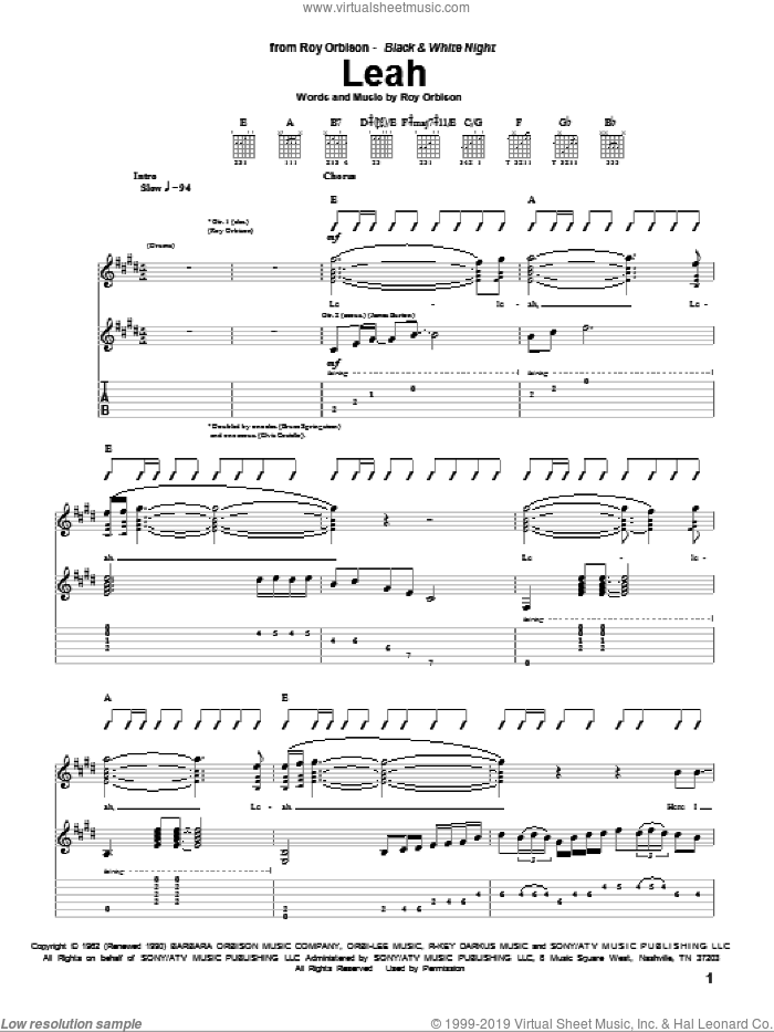 Leah sheet music for guitar (tablature) by Roy Orbison, intermediate skill level