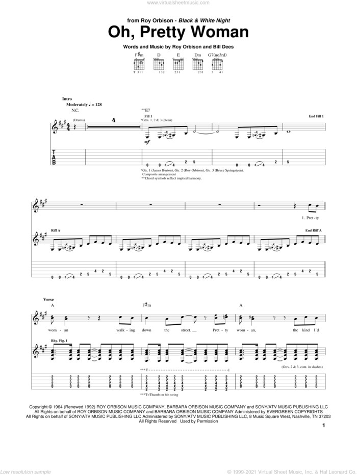 Oh, Pretty Woman sheet music for guitar (tablature) by Roy Orbison, Bill Dees and Edward Van Halen, classical score, intermediate skill level