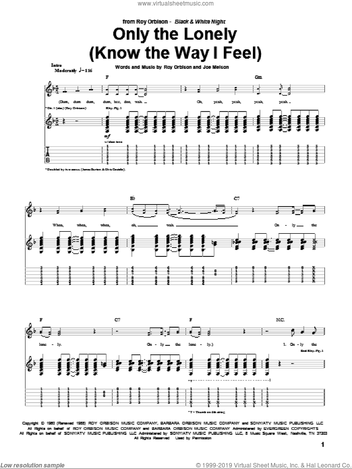 Only The Lonely (Know The Way I Feel) sheet music for guitar (tablature) by Roy Orbison and Joe Melson, intermediate skill level