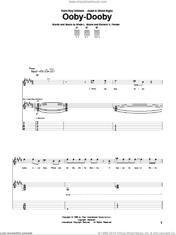 Ooby-Dooby sheet music for guitar (tablature) by Roy Orbison, Richard A. Penner and Wade L. Moore, intermediate skill level