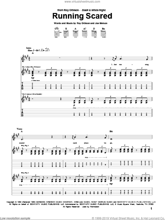 Running Scared sheet music for guitar (tablature) by Roy Orbison and Joe Melson, intermediate skill level