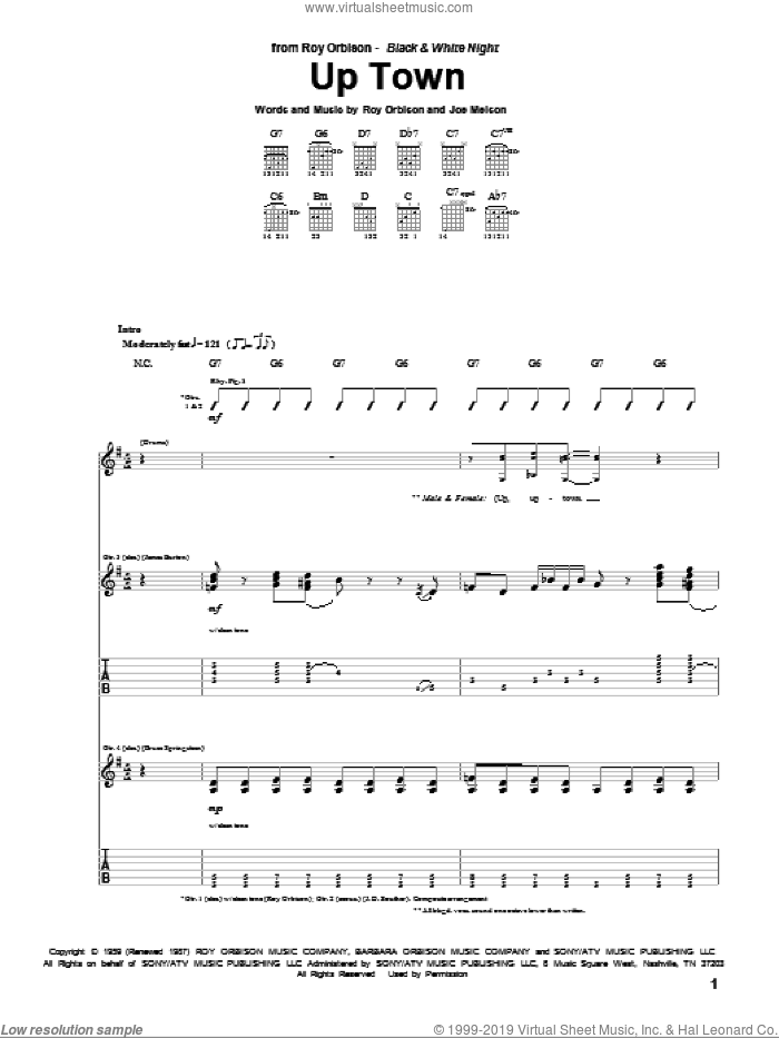 Up Town sheet music for guitar (tablature) by Roy Orbison and Joe Melson, intermediate skill level